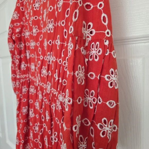 Vibrant Orange Red V-Neck Puff Sleeve Sundress - Picture 10 of 13